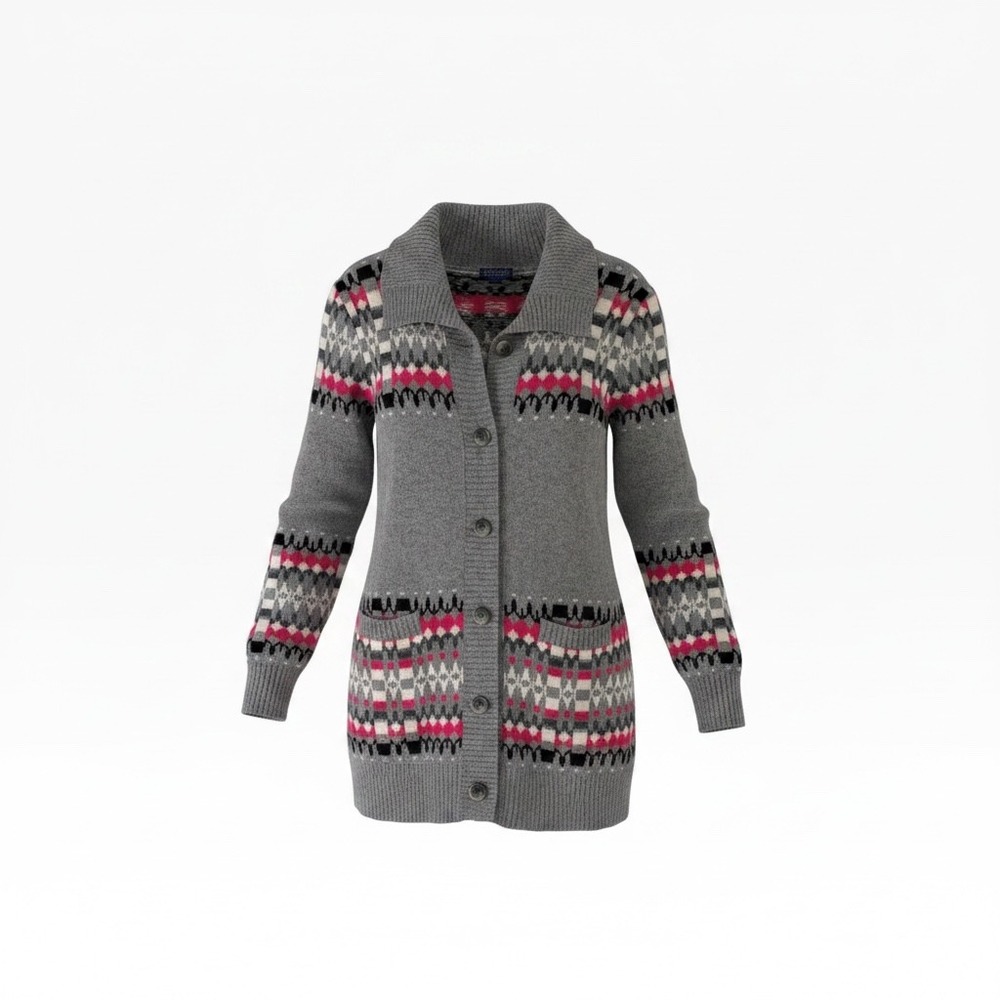 Pendleton Womens Grey Pink Fair Isle Lambswool Angora Cardigan Sweater Medium